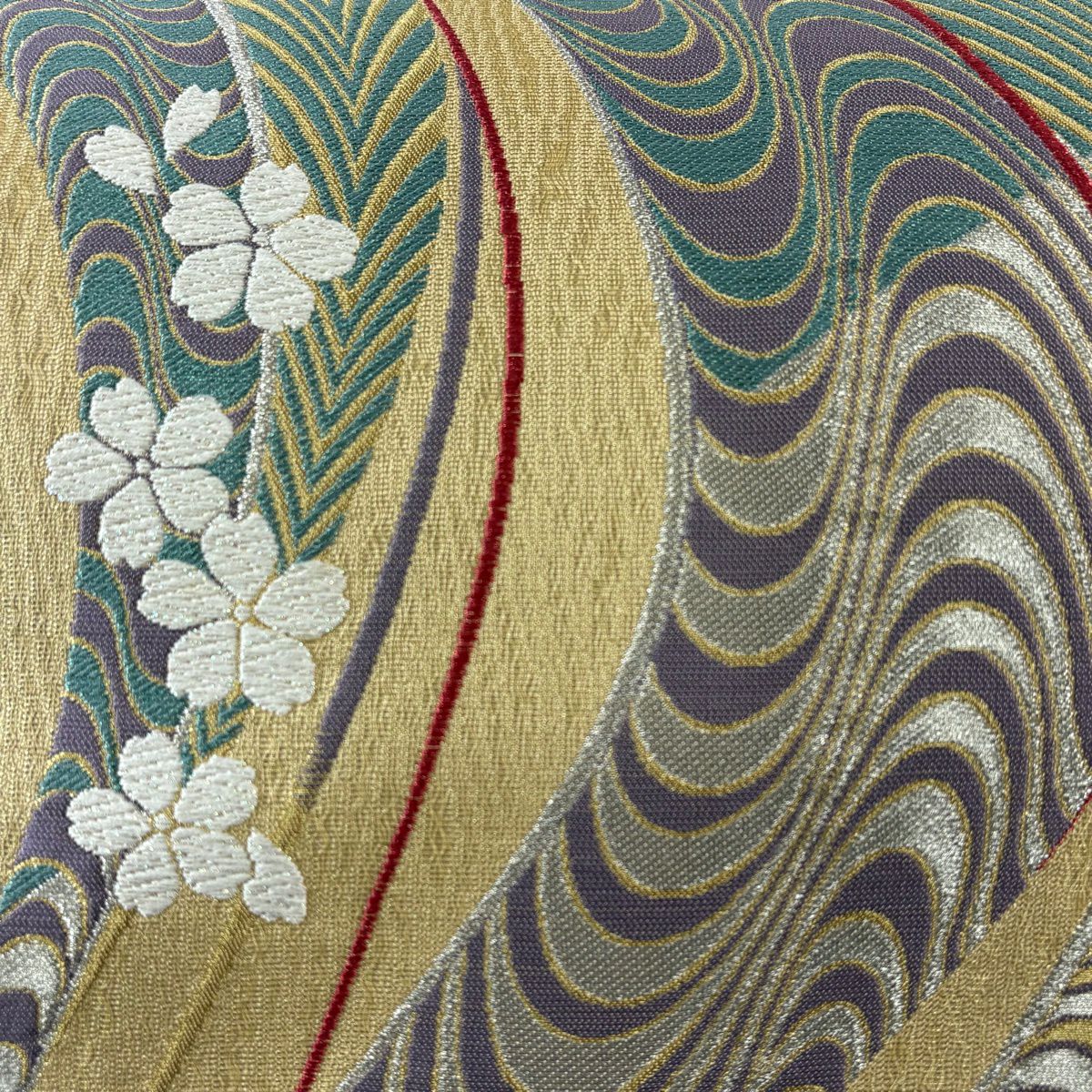 袋帶 秀品級櫻花流水 米色 六通 純蠶絲