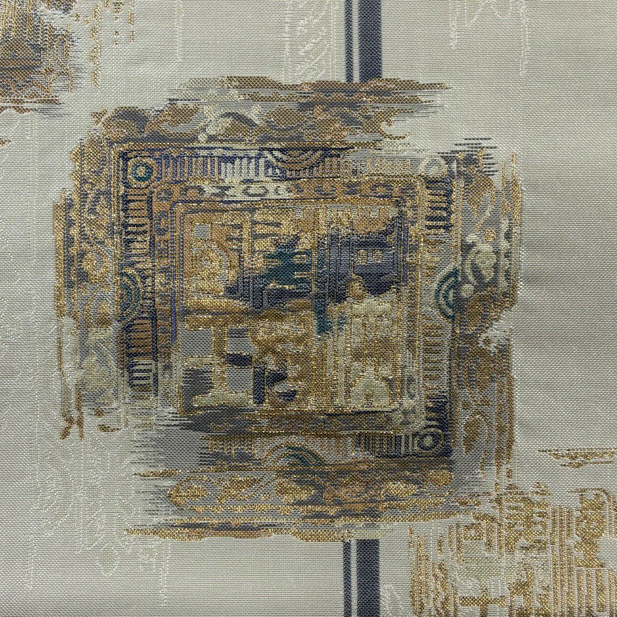 袋帶 秀品級 破裂色紙 金金箔 灰白 大鼓圖案 純蠶絲