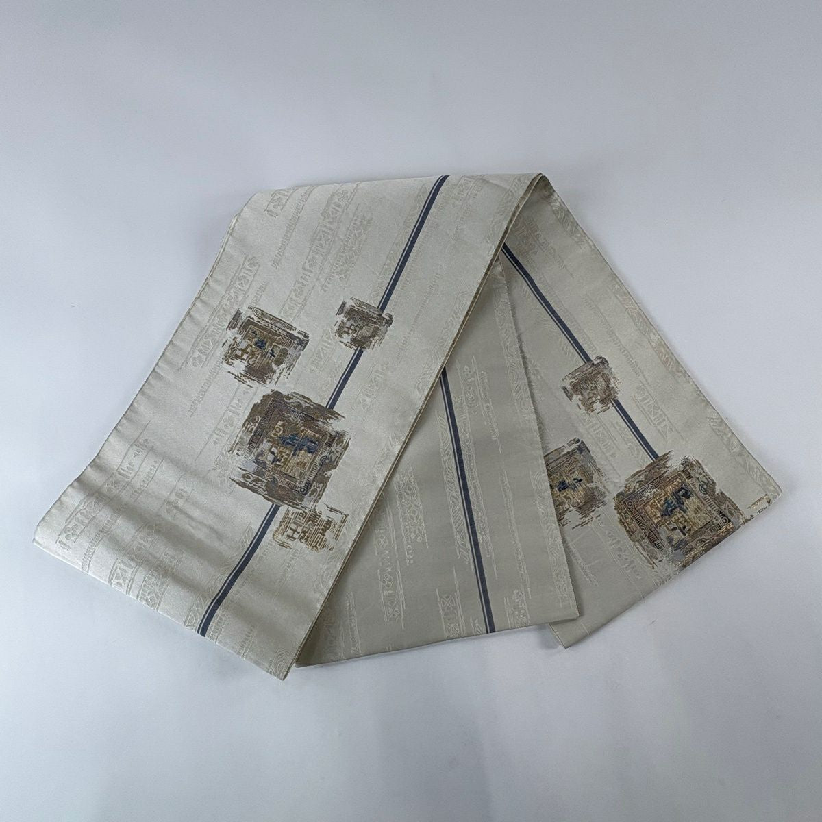 袋帶 秀品級 破裂色紙 金金箔 灰白 大鼓圖案 純蠶絲