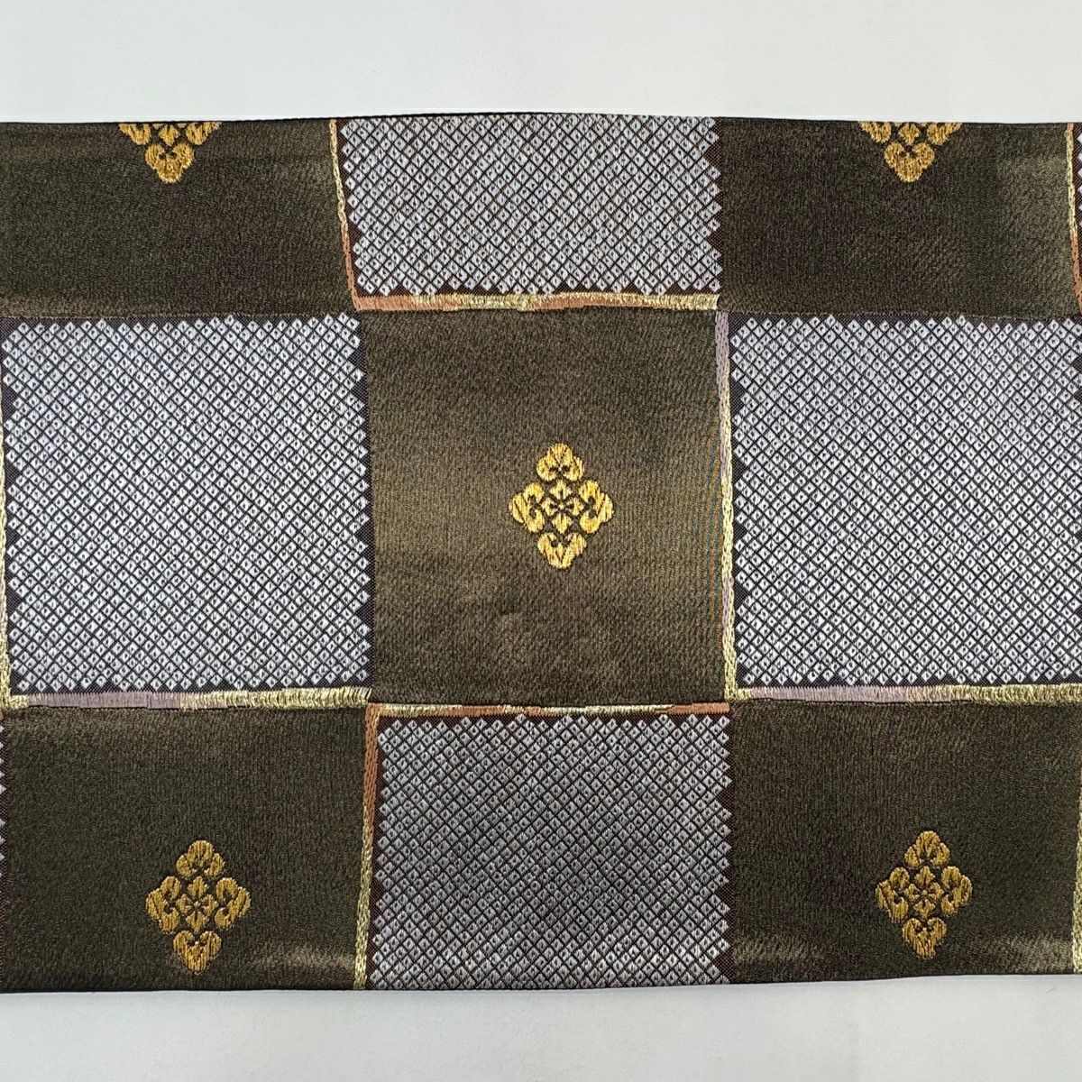 【美品】 袋帶 秀品級 花菱 格子 金絲 茶綠 六通 純蠶絲