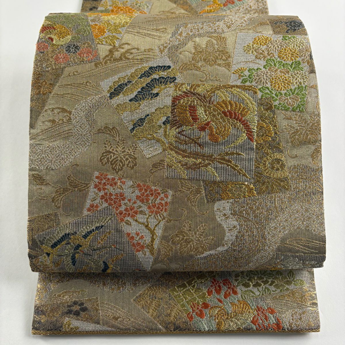 【美品】 袋帶 秀品級 紋屋相模 飛香舎 色紙 花鳥 金銀彩 金金箔 銀 六通 純蠶絲