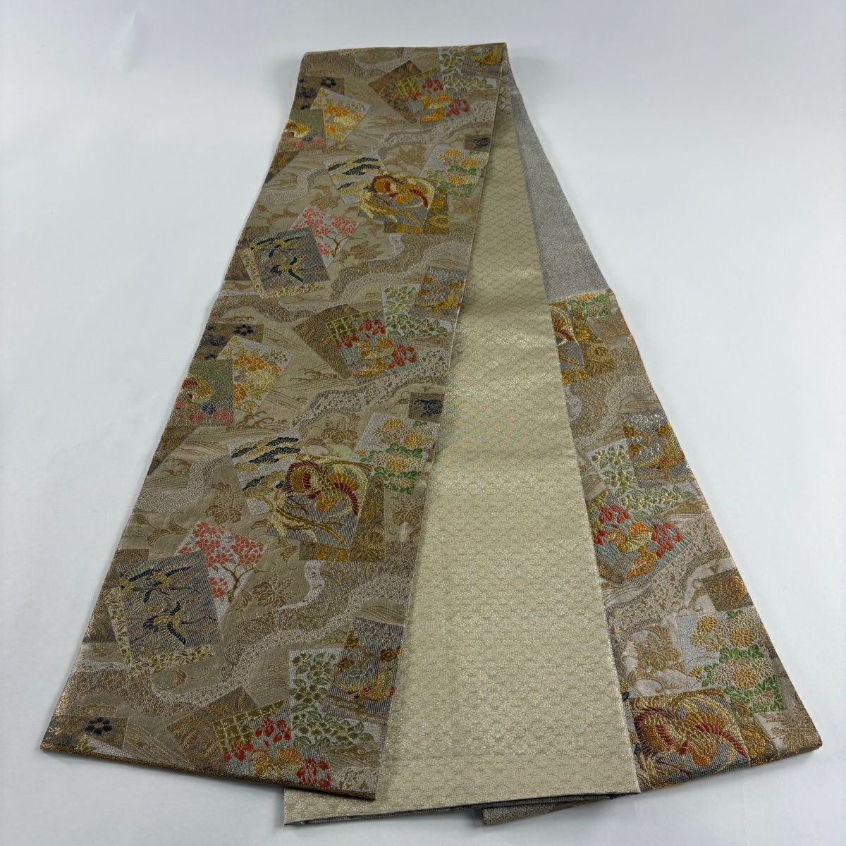 【美品】 袋帶 秀品級 紋屋相模 飛香舎 色紙 花鳥 金銀彩 金金箔 銀 六通 純蠶絲
