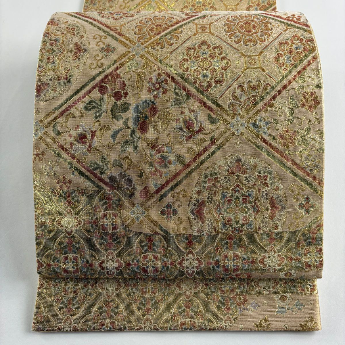 【美品】 袋帶 秀品級 蜀江華紋 草花紋 金絲 金金箔 米色 六通 純蠶絲