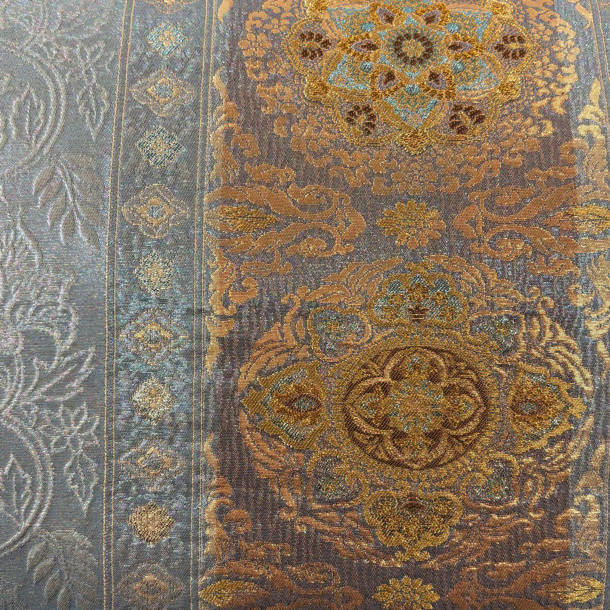 【美品】 袋帶 秀品級 華紋 花唐草紋 金絲 金金箔 灰紫 六通 純蠶絲