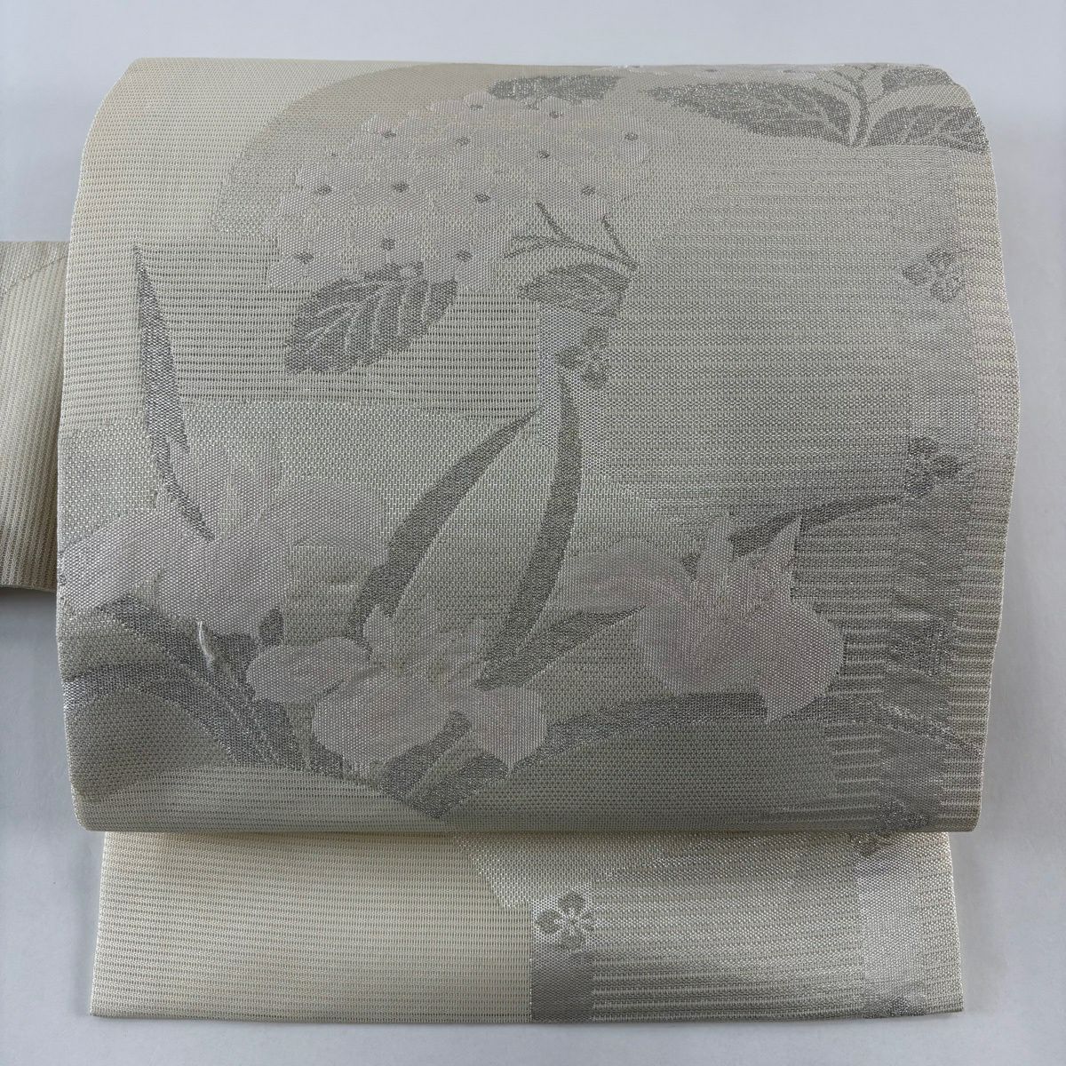 【美品】名古屋帶 秀品級 夏帶 紫陽花 菖蒲 金銀彩 奶油色 純蠶絲
