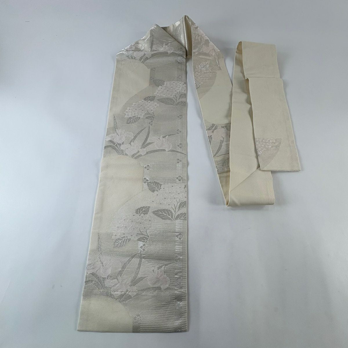 【美品】名古屋帶 秀品級 夏帶 紫陽花 菖蒲 金銀彩 奶油色 純蠶絲