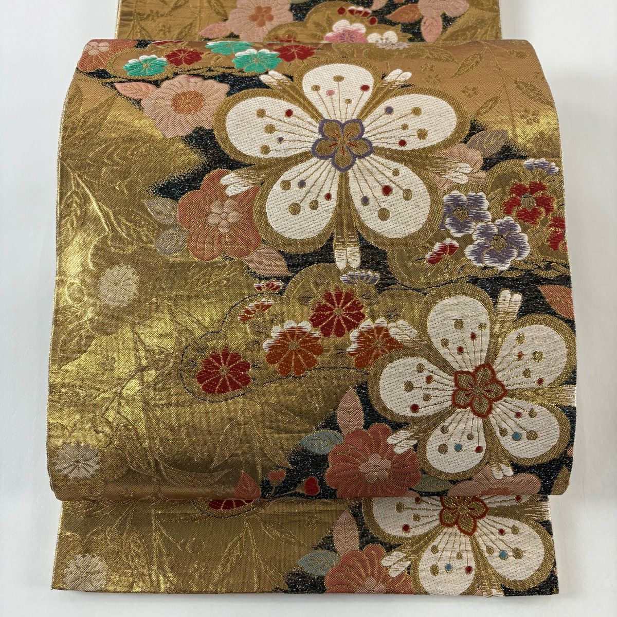 【美品】 袋帶 秀品級 梅花 菊花 金絲 金金箔 金 六通 純蠶絲