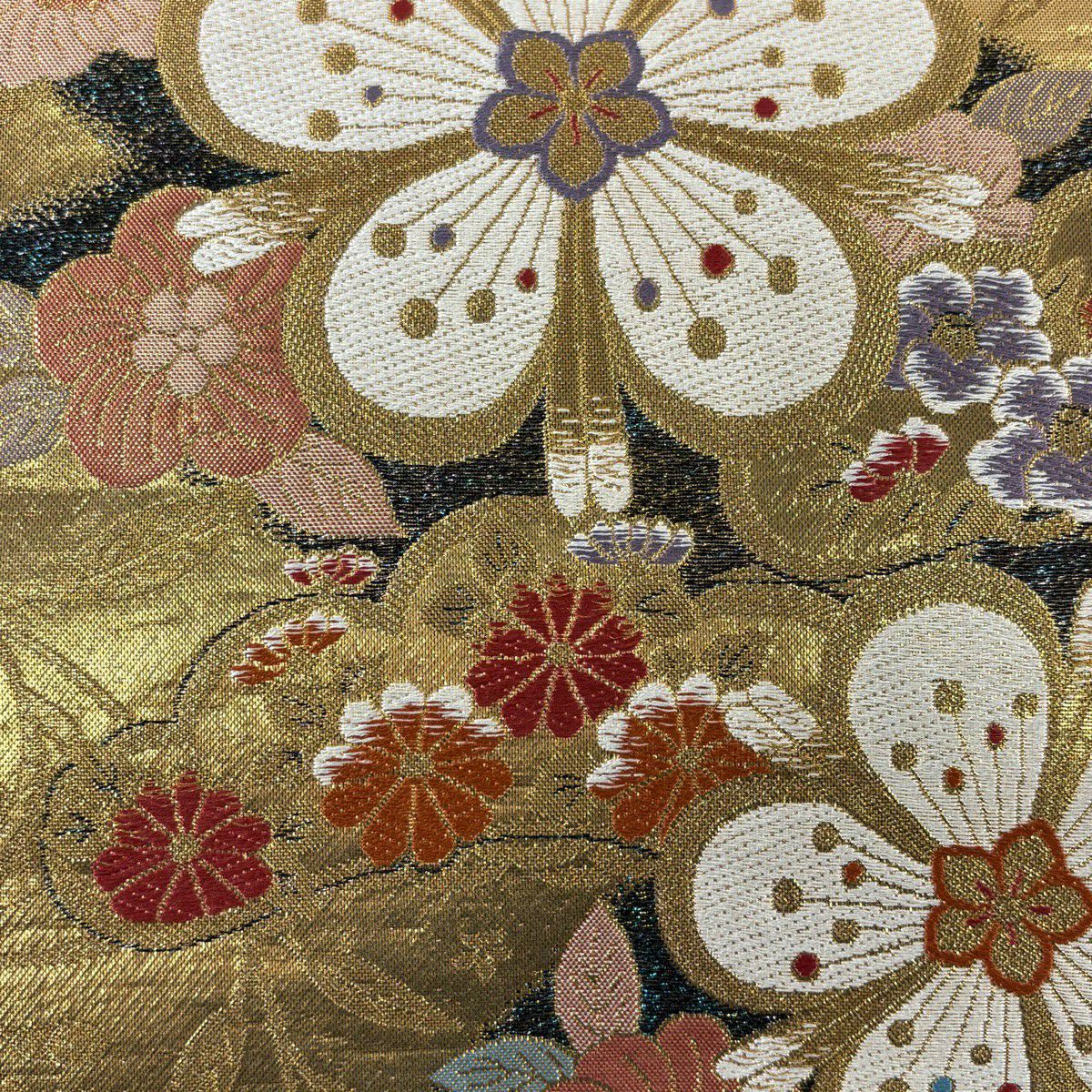【美品】 袋帶 秀品級 梅花 菊花 金絲 金金箔 金 六通 純蠶絲