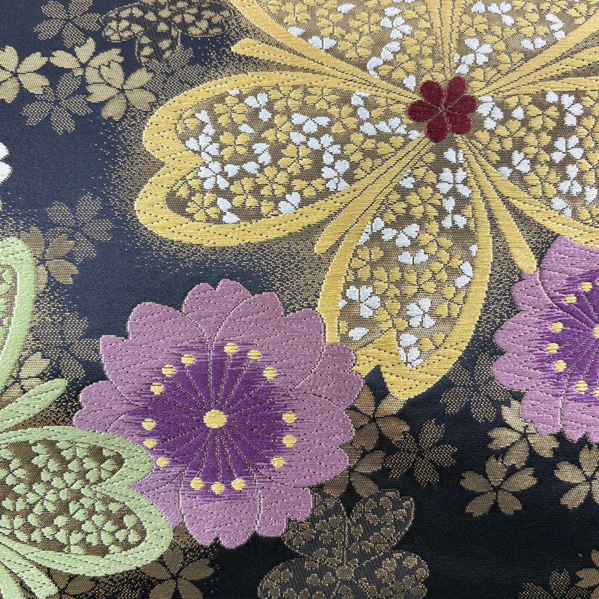 【美品】 袋帶 秀品級 櫻花 金金箔 墨色 六通 純蠶絲