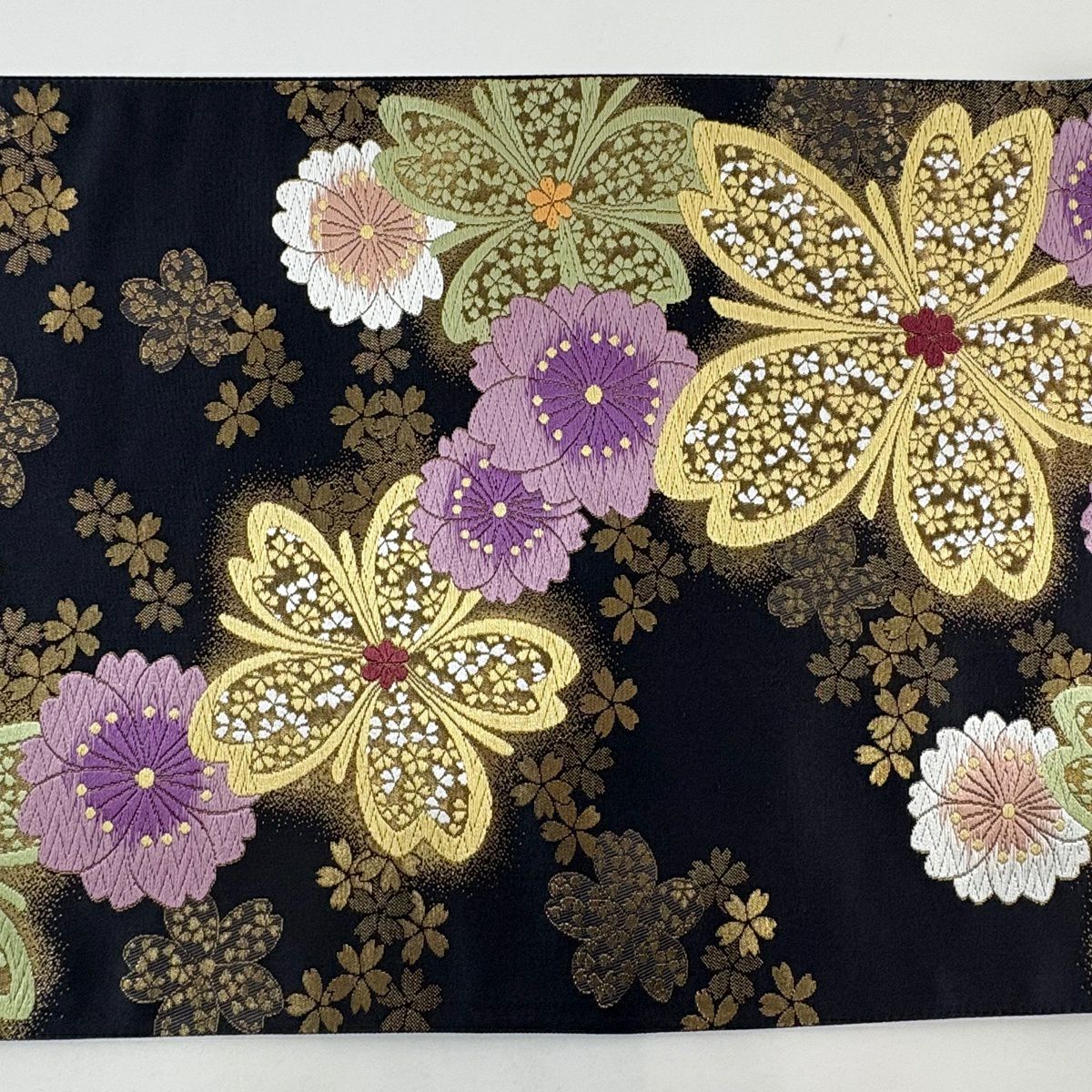 【美品】 袋帶 秀品級 櫻花 金金箔 墨色 六通 純蠶絲