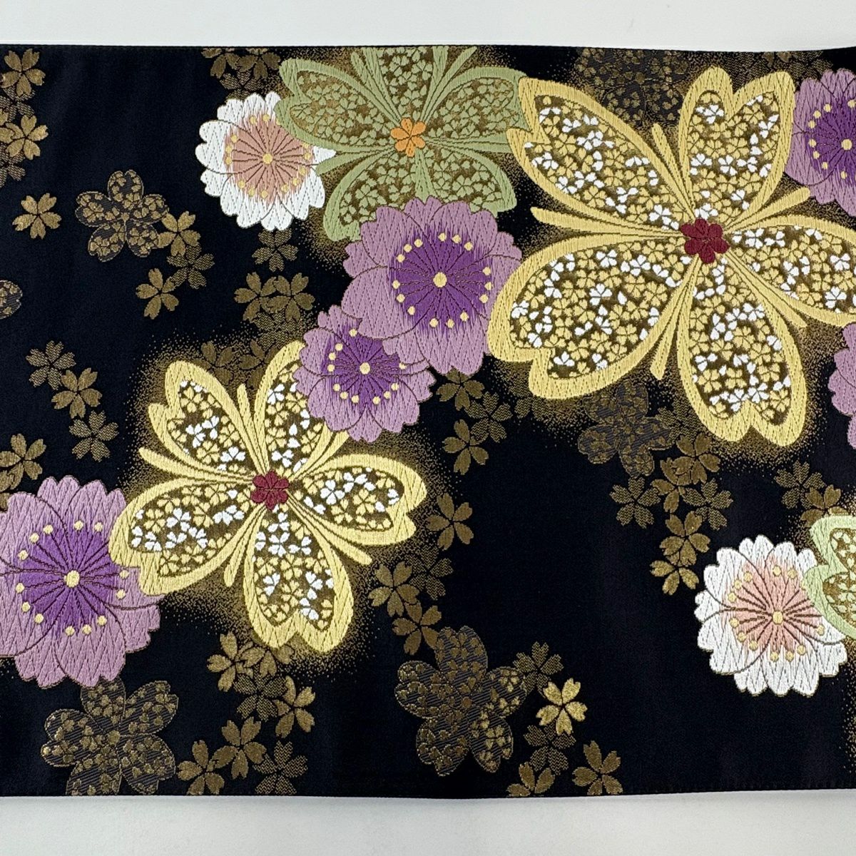 【美品】 袋帶 秀品級 櫻花 金金箔 墨色 六通 純蠶絲