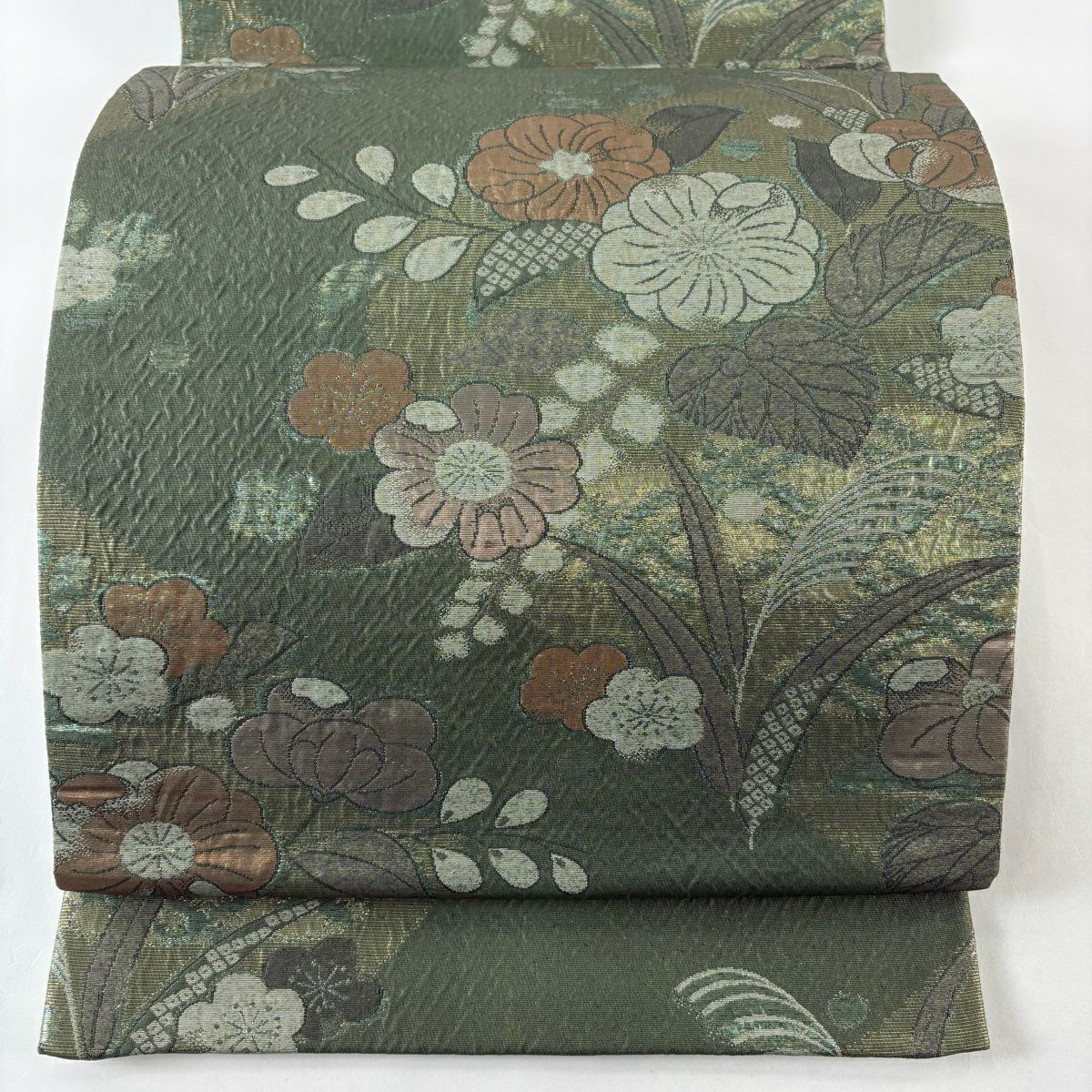【美品】 袋帶 秀品級 草花紋紋 金金箔 綠 六通 純蠶絲