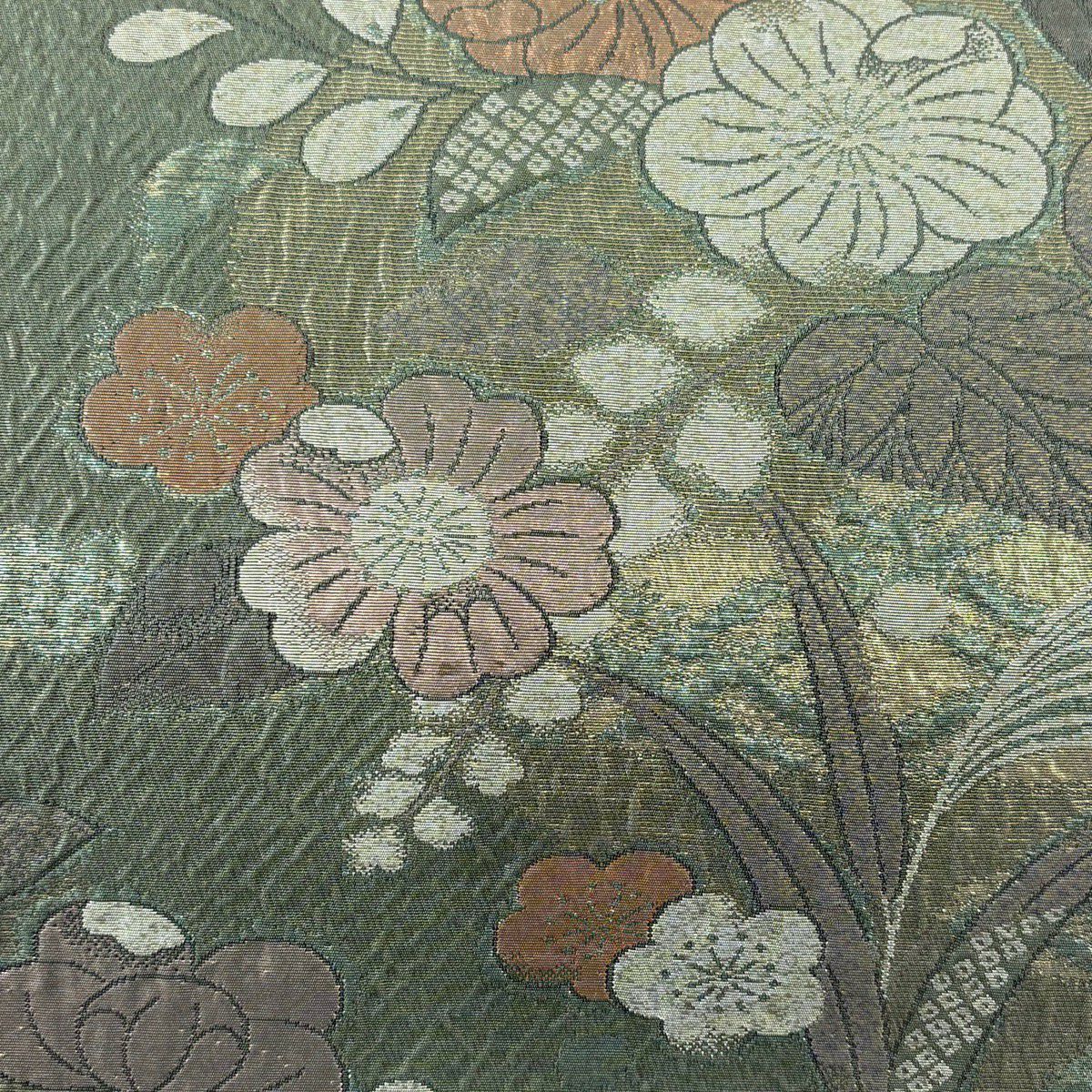 【美品】 袋帶 秀品級 草花紋紋 金金箔 綠 六通 純蠶絲