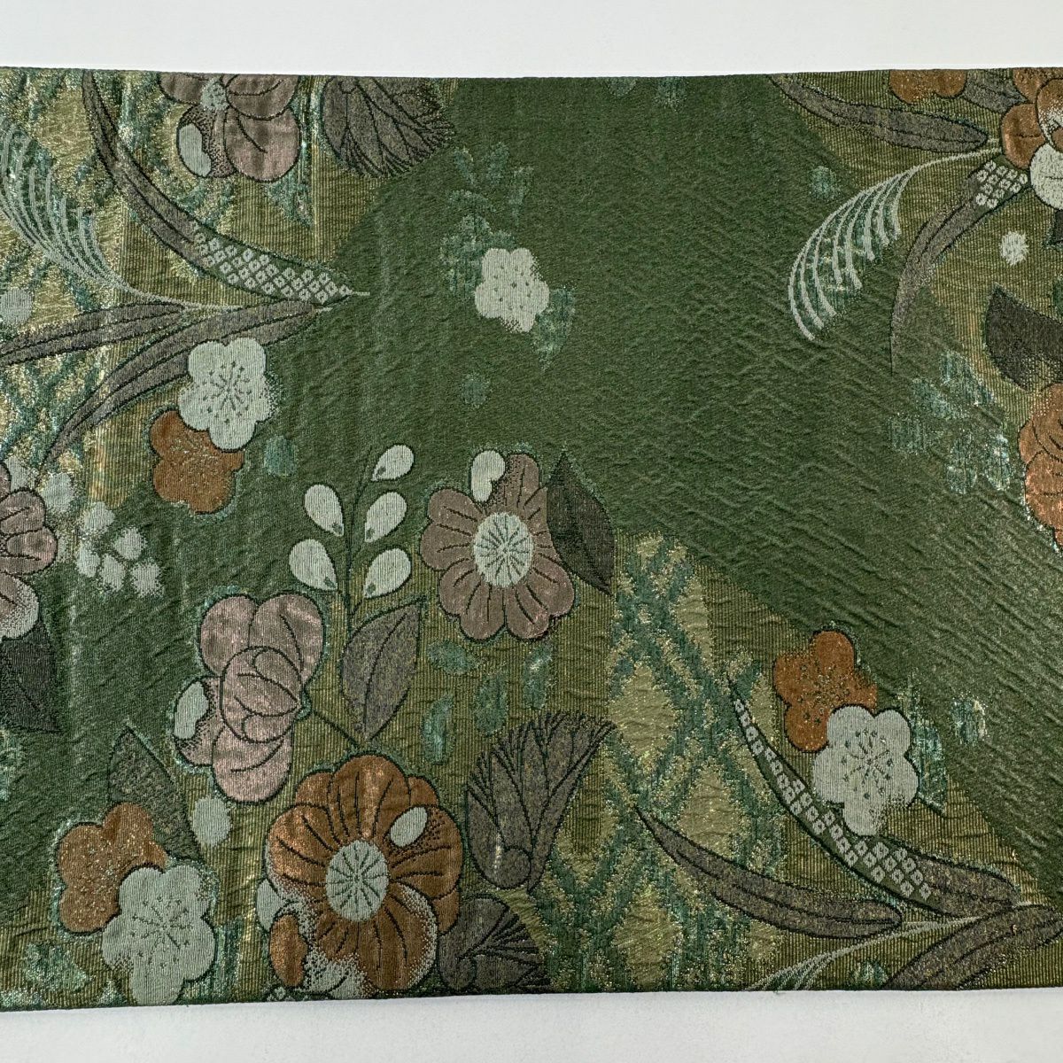 【美品】 袋帶 秀品級 草花紋紋 金金箔 綠 六通 純蠶絲
