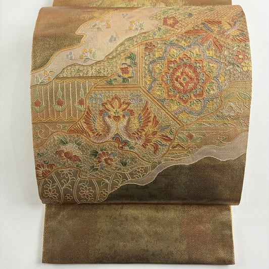 袋帶 秀品級 向鳥 華紋 刺繡 金金箔 金色 大鼓圖案 純蠶絲