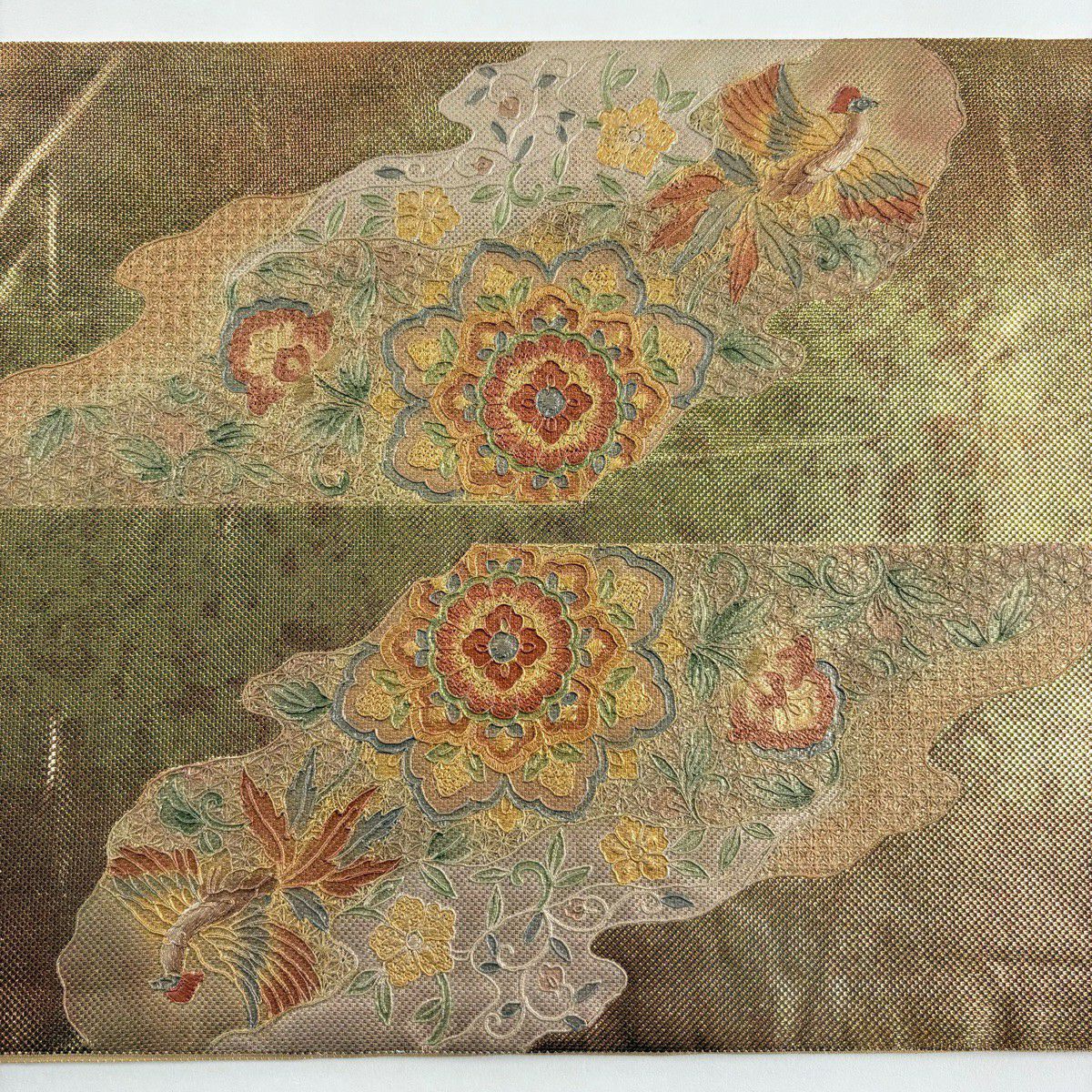 袋帶 秀品級 向鳥 華紋 刺繡 金金箔 金色 大鼓圖案 純蠶絲