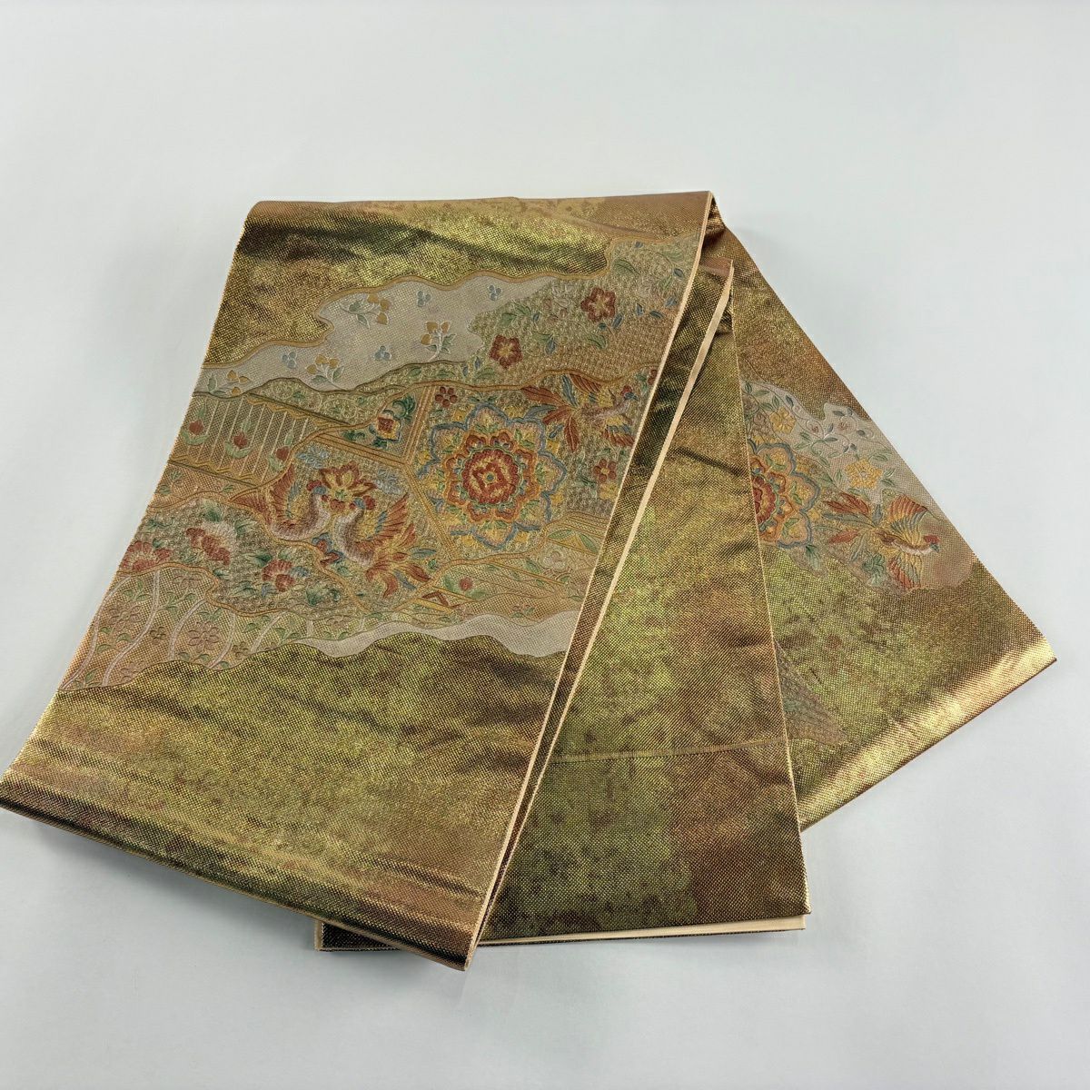 袋帶 秀品級 向鳥 華紋 刺繡 金金箔 金色 大鼓圖案 純蠶絲