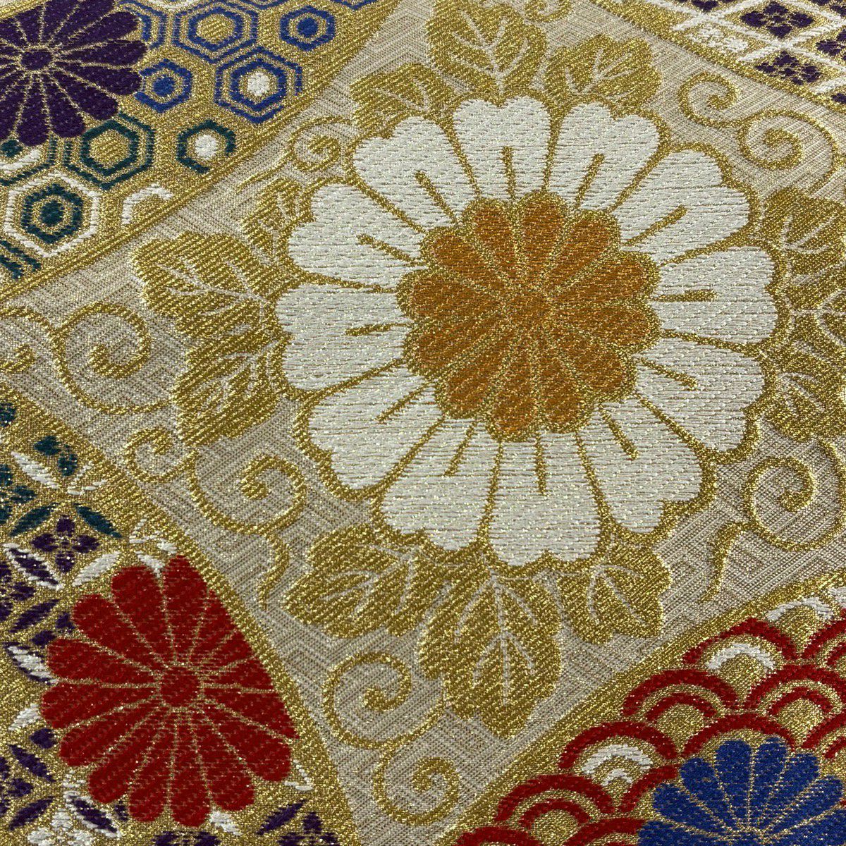【美品】 袋帶 秀品級 花 有職紋樣 金絲 金金箔 金色 六通 純蠶絲