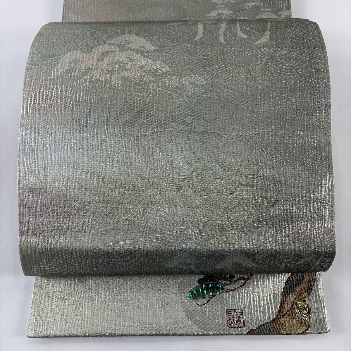 【美品】 袋帶 秀品級 單點圖案 松樹 波 金金箔 螺鈿 灰綠 六通 純蠶絲