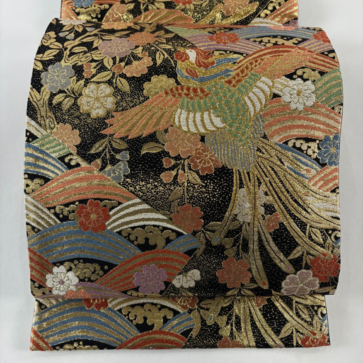 【美品】 袋帶 秀品級 鳳凰 櫻花 金金箔 拉麵絲 黑 六通 純蠶絲