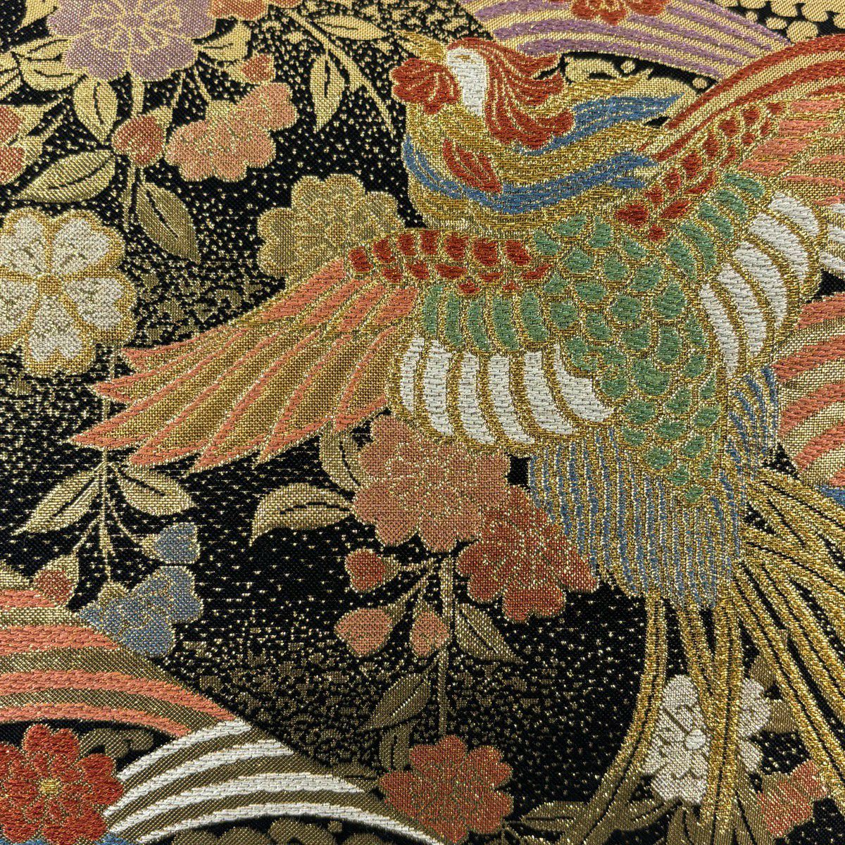 【美品】 袋帶 秀品級 鳳凰 櫻花 金金箔 拉麵絲 黑 六通 純蠶絲