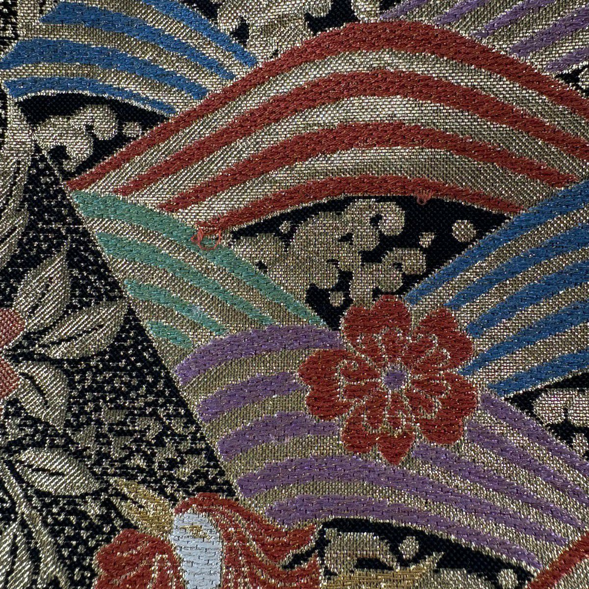 【美品】 袋帶 秀品級 鳳凰 櫻花 金金箔 拉麵絲 黑 六通 純蠶絲