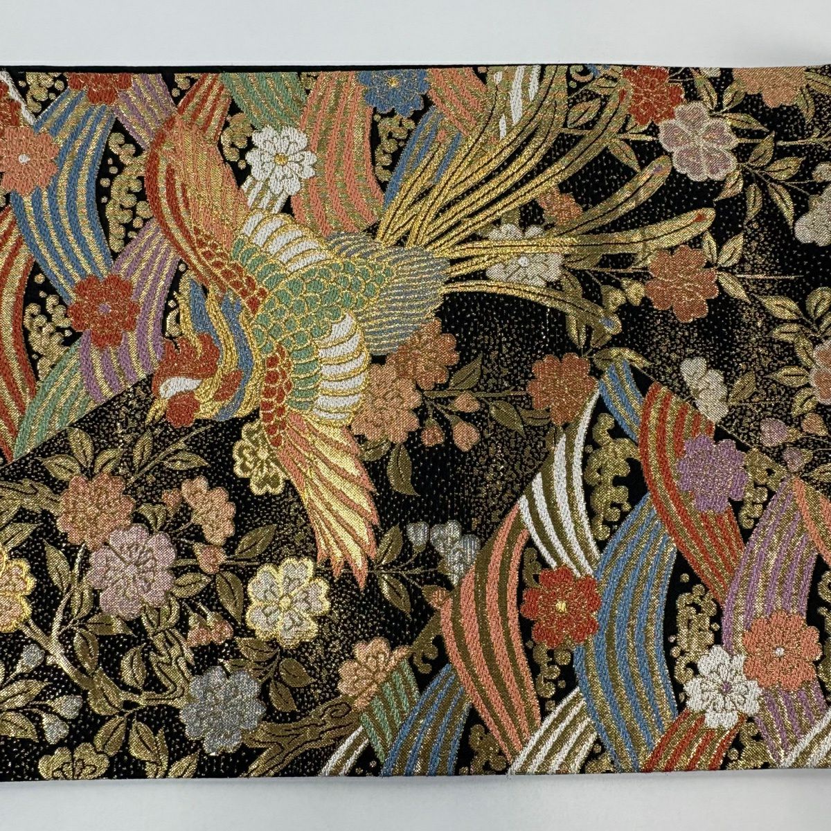 【美品】 袋帶 秀品級 鳳凰 櫻花 金金箔 拉麵絲 黑 六通 純蠶絲