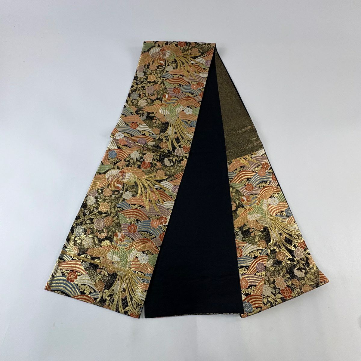 【美品】 袋帶 秀品級 鳳凰 櫻花 金金箔 拉麵絲 黑 六通 純蠶絲
