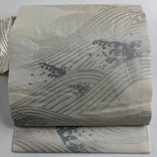 【美品】 名古屋帶 秀品級 夏帶 波頭 金金箔 銀絲 奶油色 純蠶絲