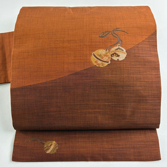 【美品】 名古屋帶 秀品級 鈴 草花紋 紅茶 純蠶絲