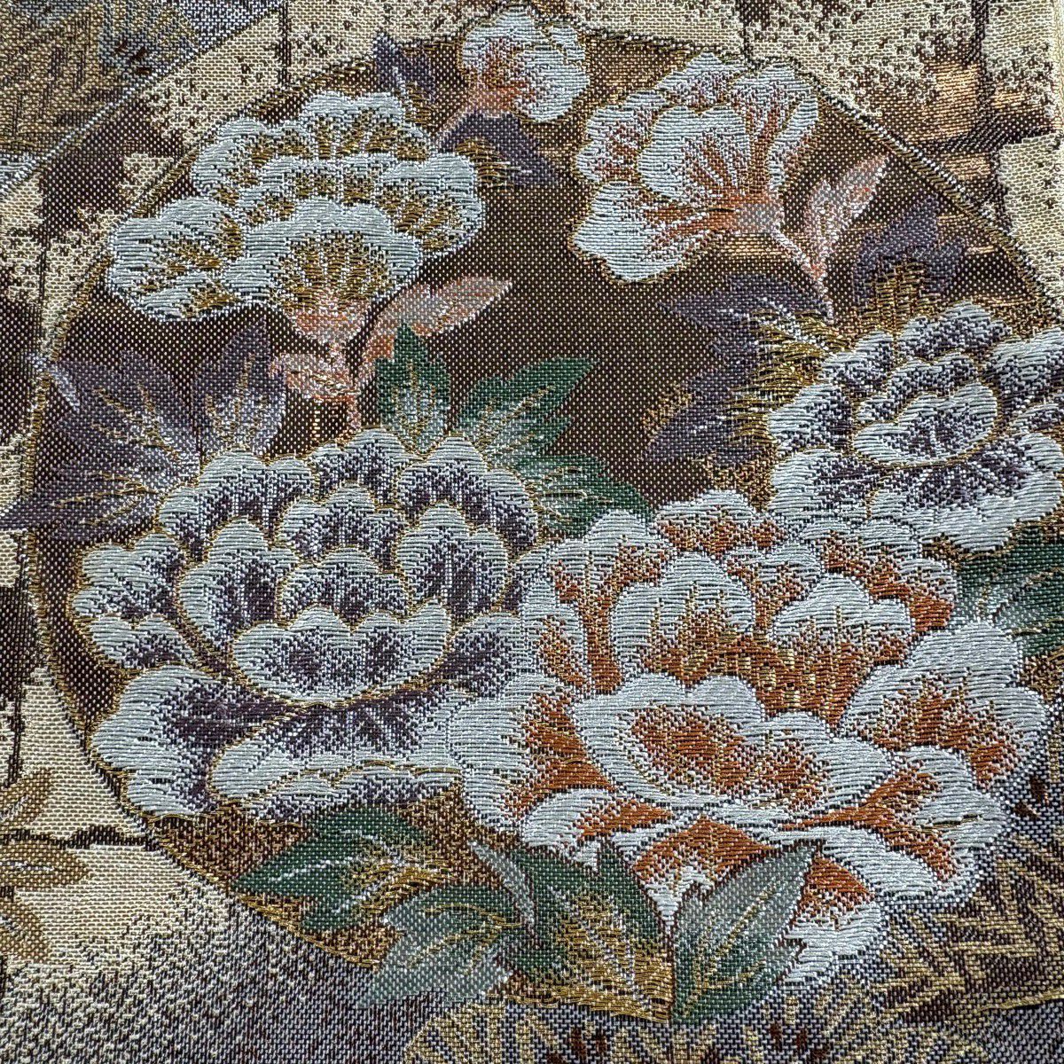 【美品】 袋帶 秀品級 花丸紋 笠松樹 金絲 金金箔 銀 六通 純蠶絲