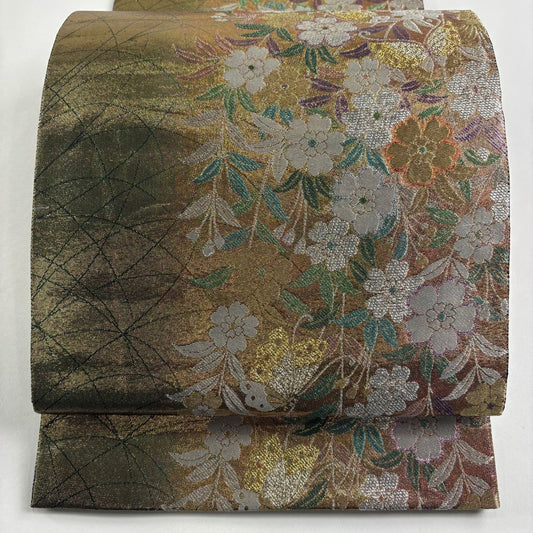 袋帶 秀品級 鈴乃屋 垂枝櫻 金銀線 金金箔 金色 六通 純蠶絲