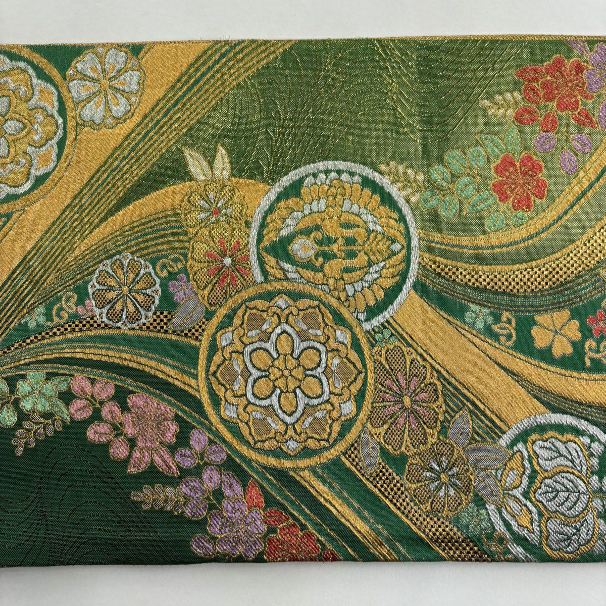 袋帶 秀品級 華紋 向鳥 金銀絲 金金箔 綠 六通 純蠶絲