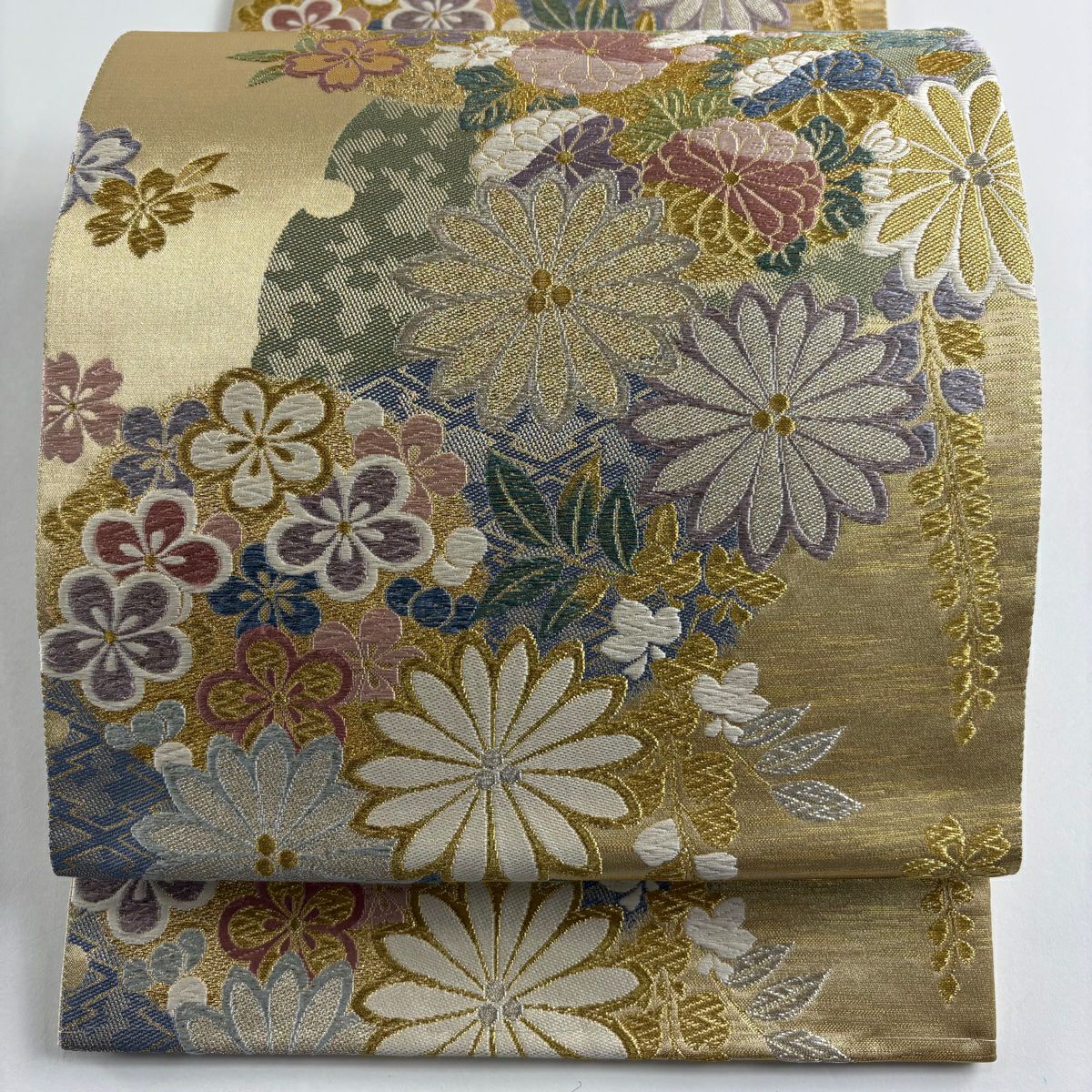 【美品】 袋帶 秀品級 菊花 梅花 金銀彩 金色 六通 純蠶絲