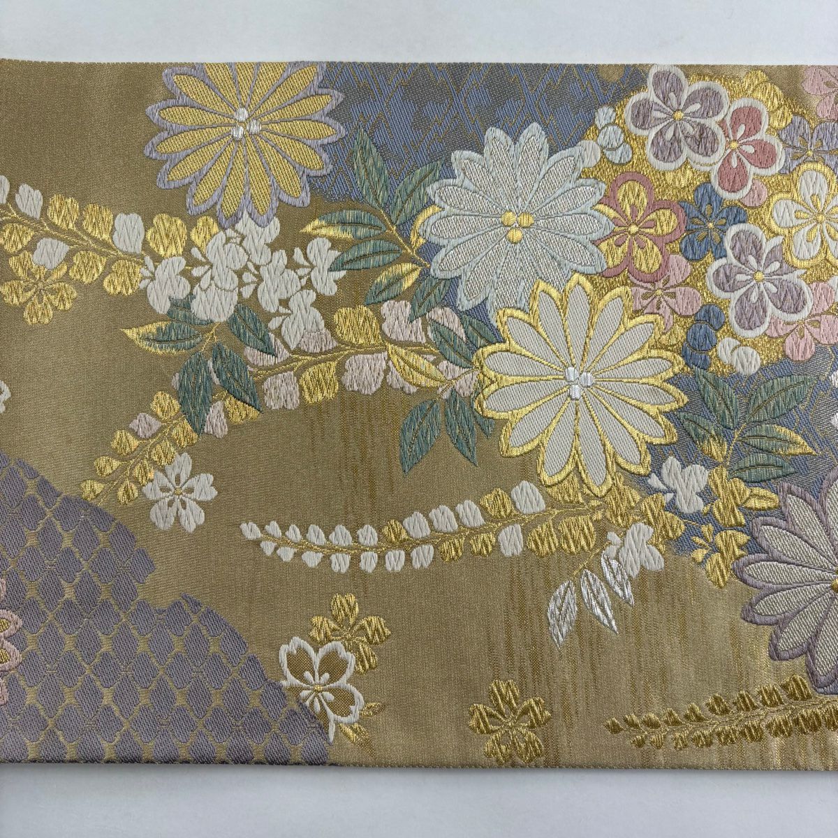 【美品】 袋帶 秀品級 菊花 梅花 金銀彩 金色 六通 純蠶絲