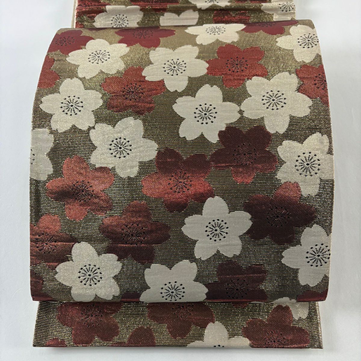 【美品】 袋帶 秀品級櫻花 金金箔 金茶 六通 純蠶絲