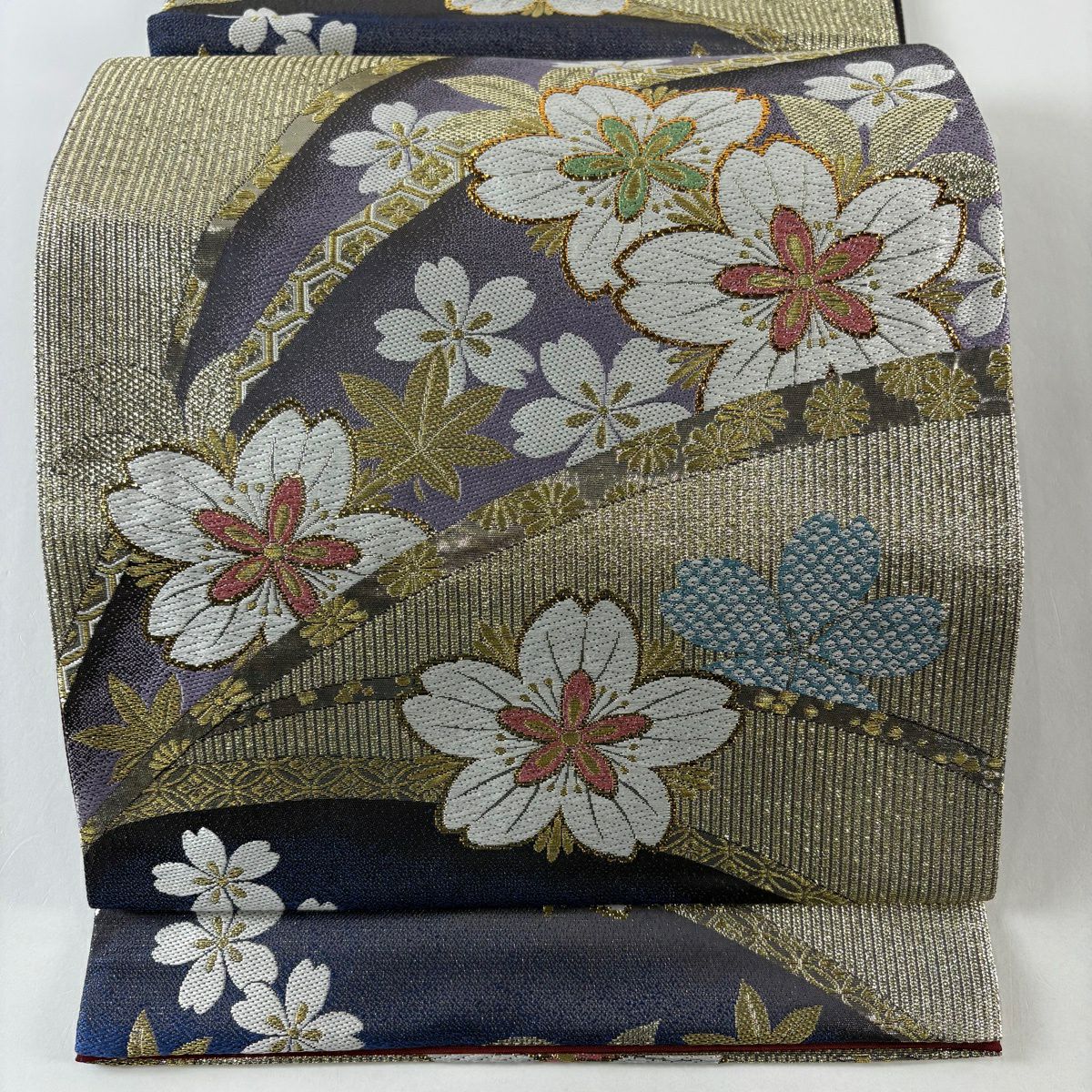 【美品】 袋帶 秀品級 櫻花 楓樹 金絲 金金箔 紫色 六通 純蠶絲