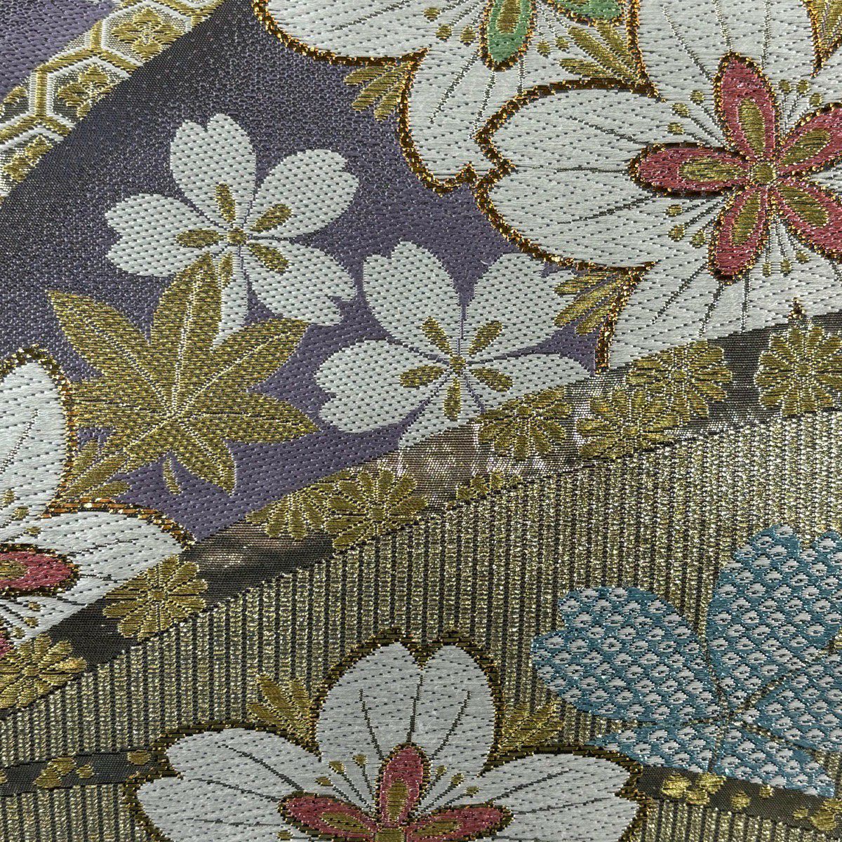 【美品】 袋帶 秀品級 櫻花 楓樹 金絲 金金箔 紫色 六通 純蠶絲