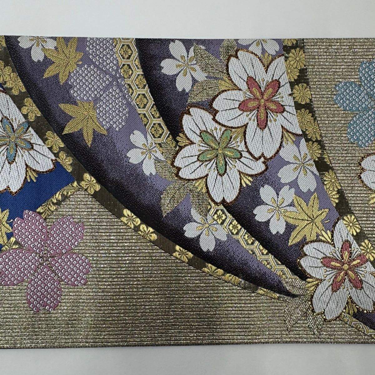 【美品】 袋帶 秀品級 櫻花 楓樹 金絲 金金箔 紫色 六通 純蠶絲