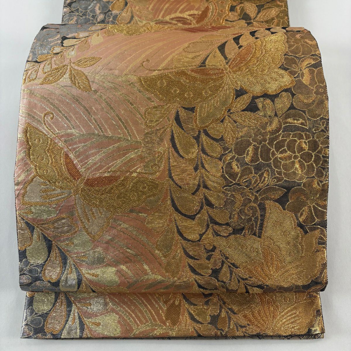 【美品】 袋帶 秀品級 蝶 波 金絲 金金箔 金 六通 純蠶絲
