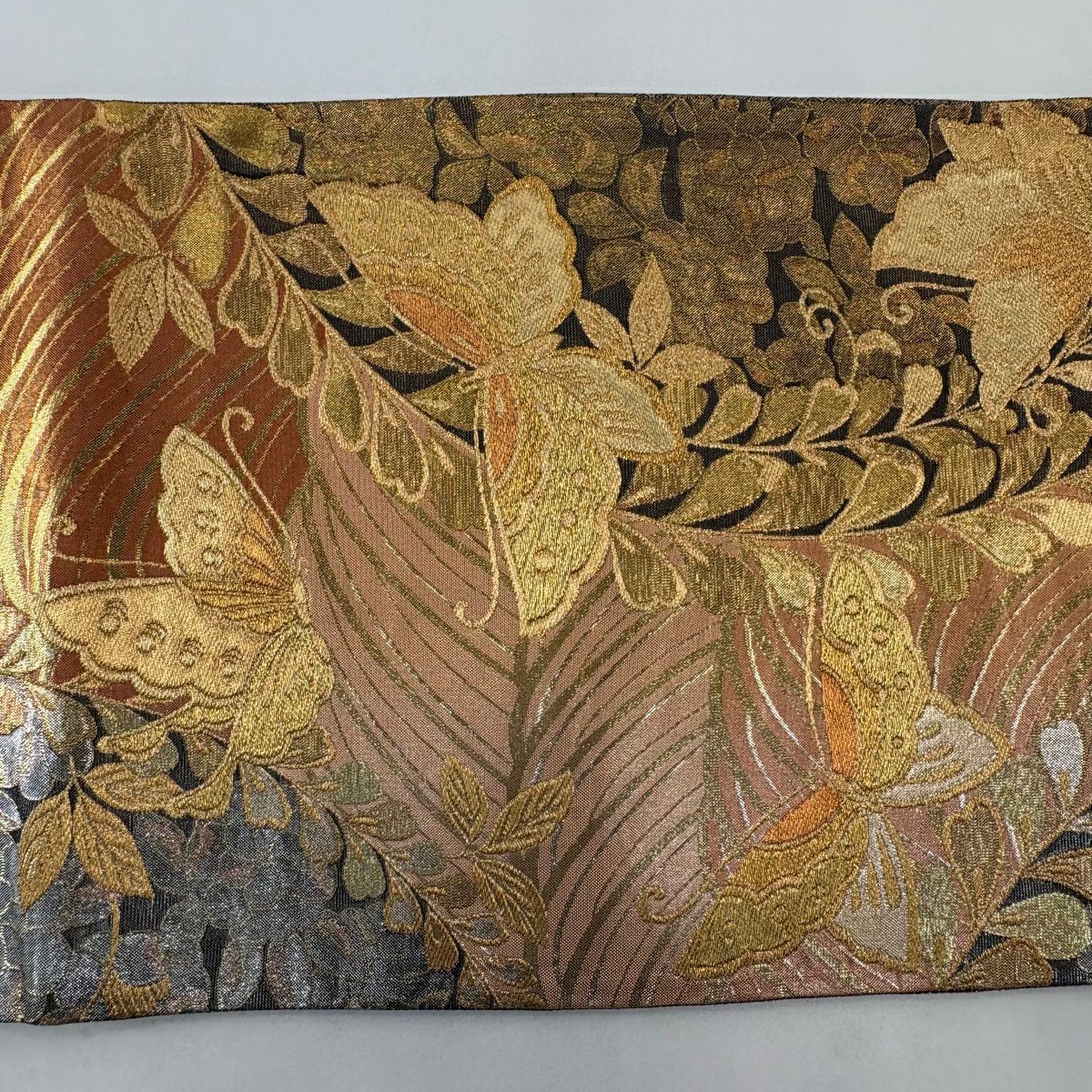 【美品】 袋帶 秀品級 蝶 波 金絲 金金箔 金 六通 純蠶絲