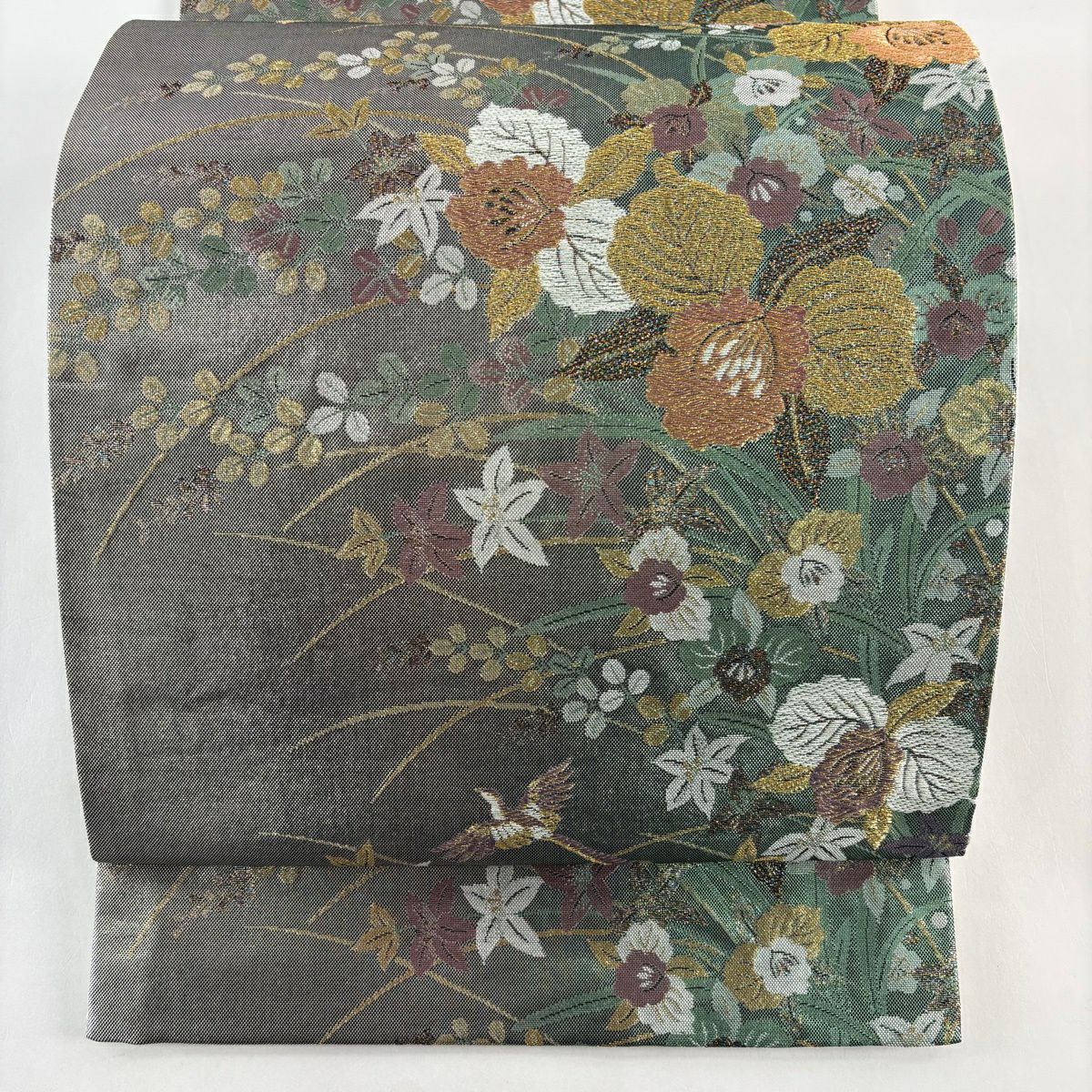 【美品】 袋帶 秀品級 草花紋 金糸 金金箔 灰綠 六通 純蠶絲