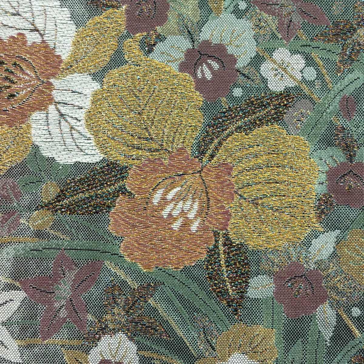 【美品】 袋帶 秀品級 草花紋 金糸 金金箔 灰綠 六通 純蠶絲
