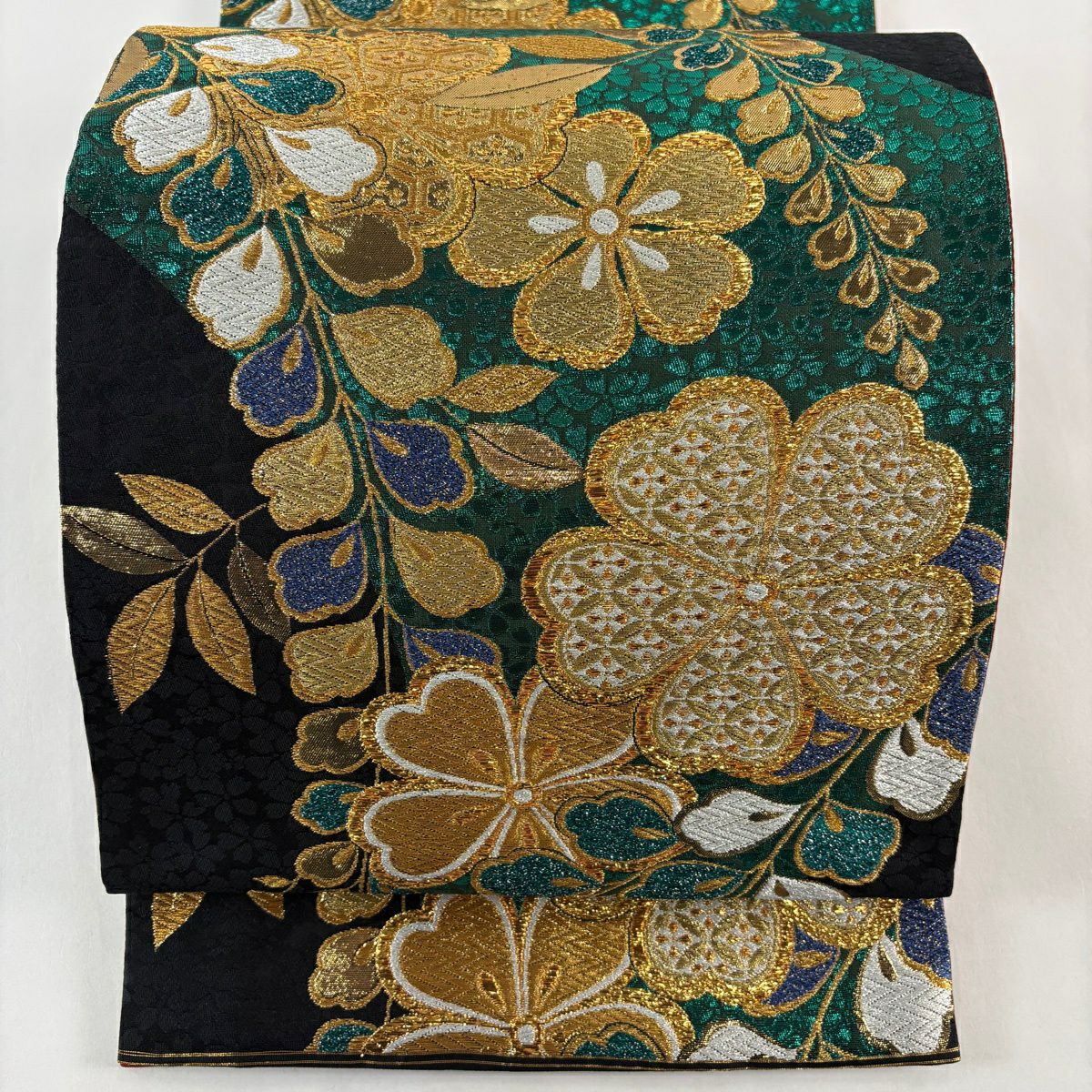 【美品】 袋帶 秀品級 振袖禮服禮服用 草花紋紋 七寶紋 金金箔 金銀彩 青綠 六通 純蠶絲