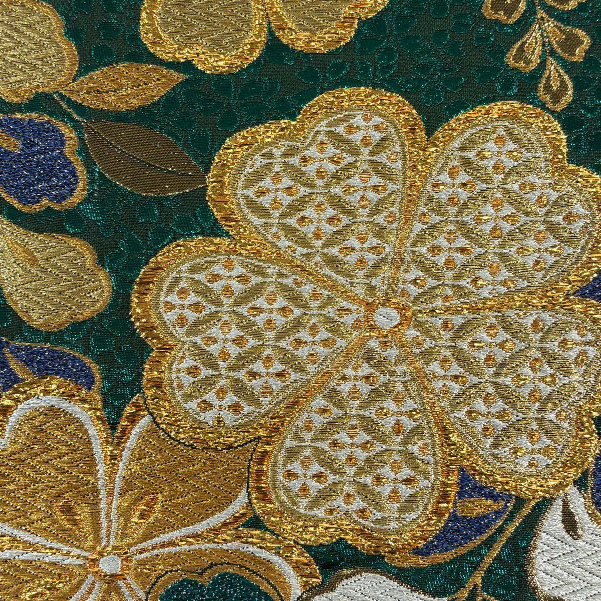 【美品】 袋帶 秀品級 振袖禮服禮服用 草花紋紋 七寶紋 金金箔 金銀彩 青綠 六通 純蠶絲