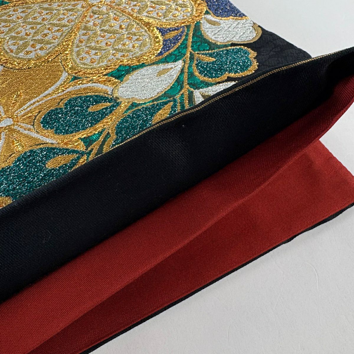【美品】 袋帶 秀品級 振袖禮服禮服用 草花紋紋 七寶紋 金金箔 金銀彩 青綠 六通 純蠶絲