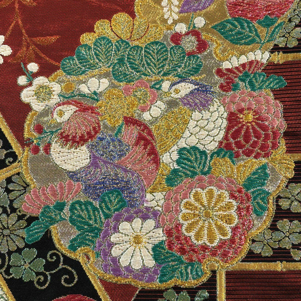 【美品】 袋帶 秀品級 草花紋紋 鴛鴦 金糸 金金箔 紅 六通 純蠶絲