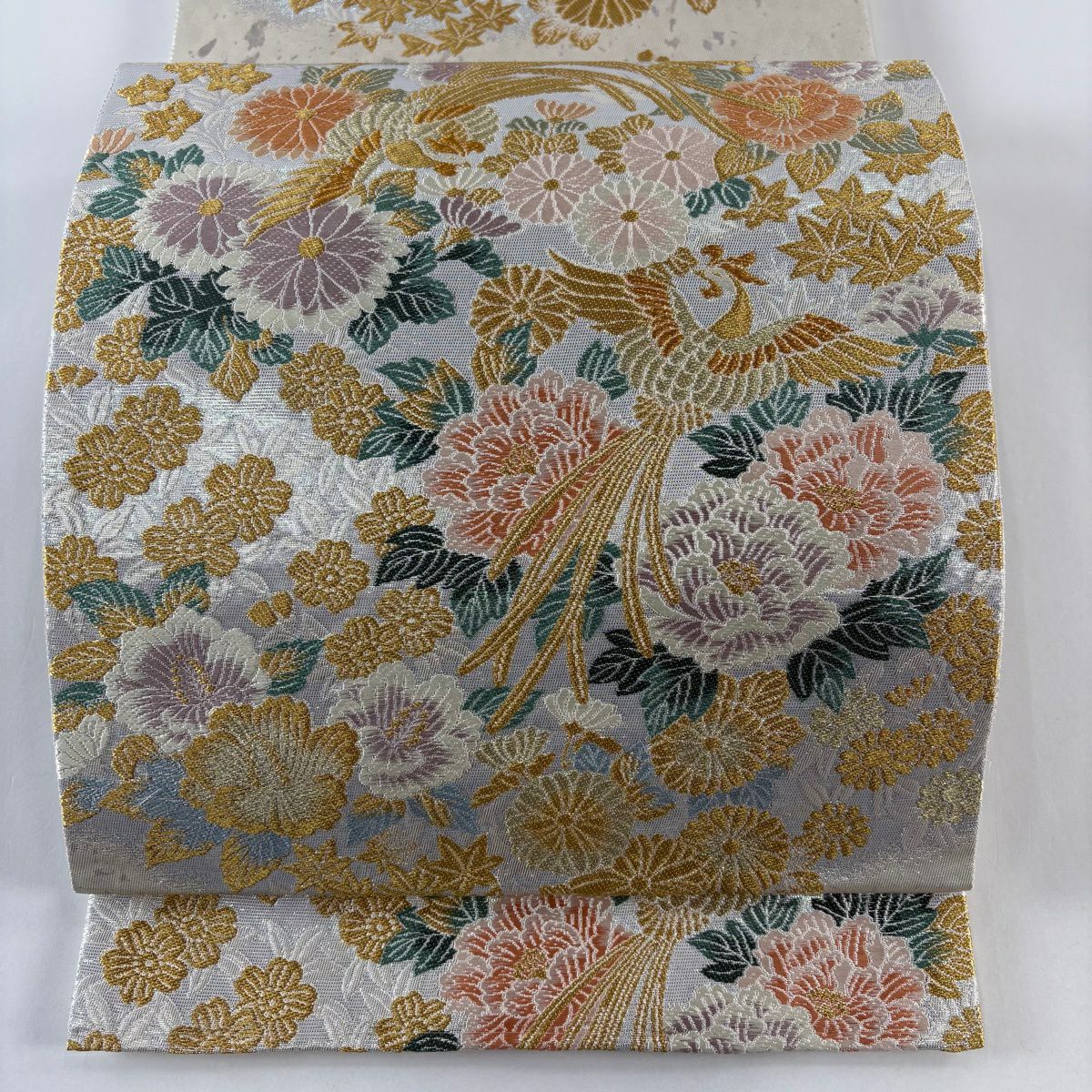【美品】 袋帶 秀品級 鳳凰 草花紋 金糸 金金箔 金 六通 純蠶絲