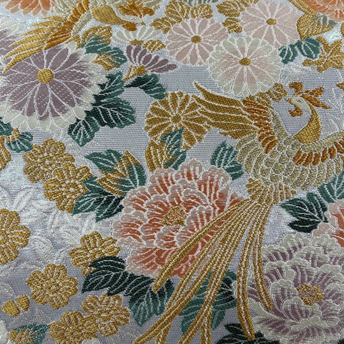 【美品】 袋帶 秀品級 鳳凰 草花紋 金糸 金金箔 金 六通 純蠶絲