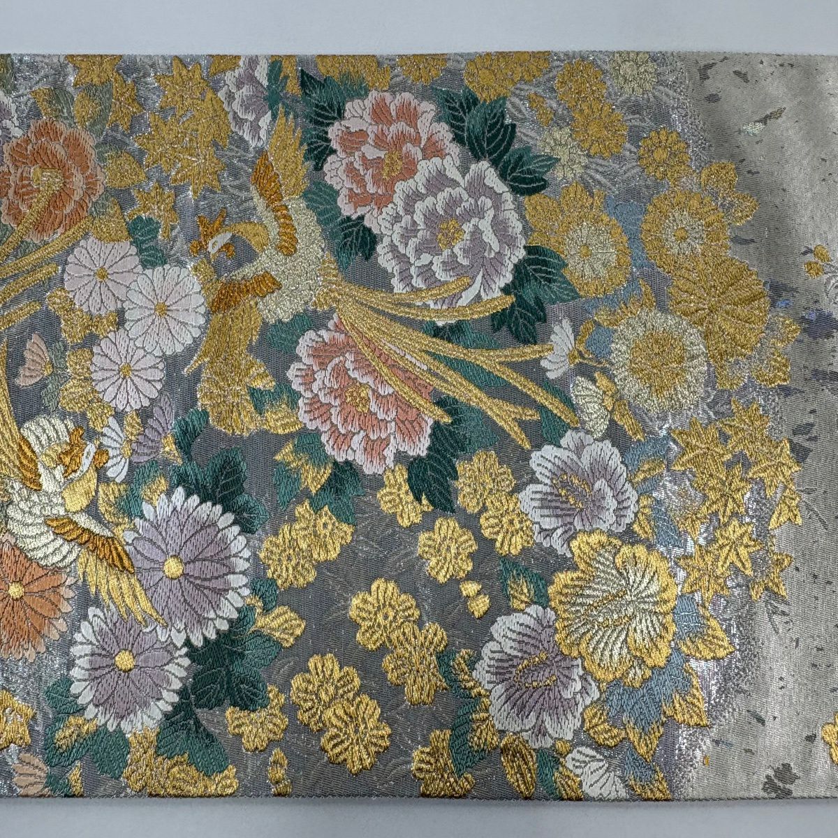 【美品】 袋帶 秀品級 鳳凰 草花紋 金糸 金金箔 金 六通 純蠶絲